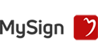 Logo MySign: schwarze Schrift anschliessend rotes Quadrat mit weissem Herzumschwung drin