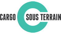 Logo Cargo Sous Terrain: dunkel graue Schrift mit einem türkisen Kreis um Sous, soll den Tunnel symbolisieren