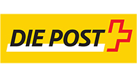 Logo Die Post: Gelber Hintergrund schware Schrift die Post, weiss unterstrichen und am Schluss ein rotes Schweizer Kreuz