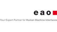 eao Logo: eao in schwarzer Schrift rotes Quadrat. Unten der Text: Your Expert Partner for Human Machine Interfaces
