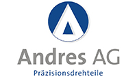 Logo Andres AG: blauer Kreis mit einem weissen A in der Mitte, in grauer Schrift Andres AG darunter in blauer Schrift Präzisionsdrehteile
