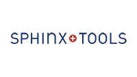 Logo Sphinx Tools: Spinx in blauer schrift, ein Schweizer Kreuz in einem Kreis, Tools in blauer Schrift
